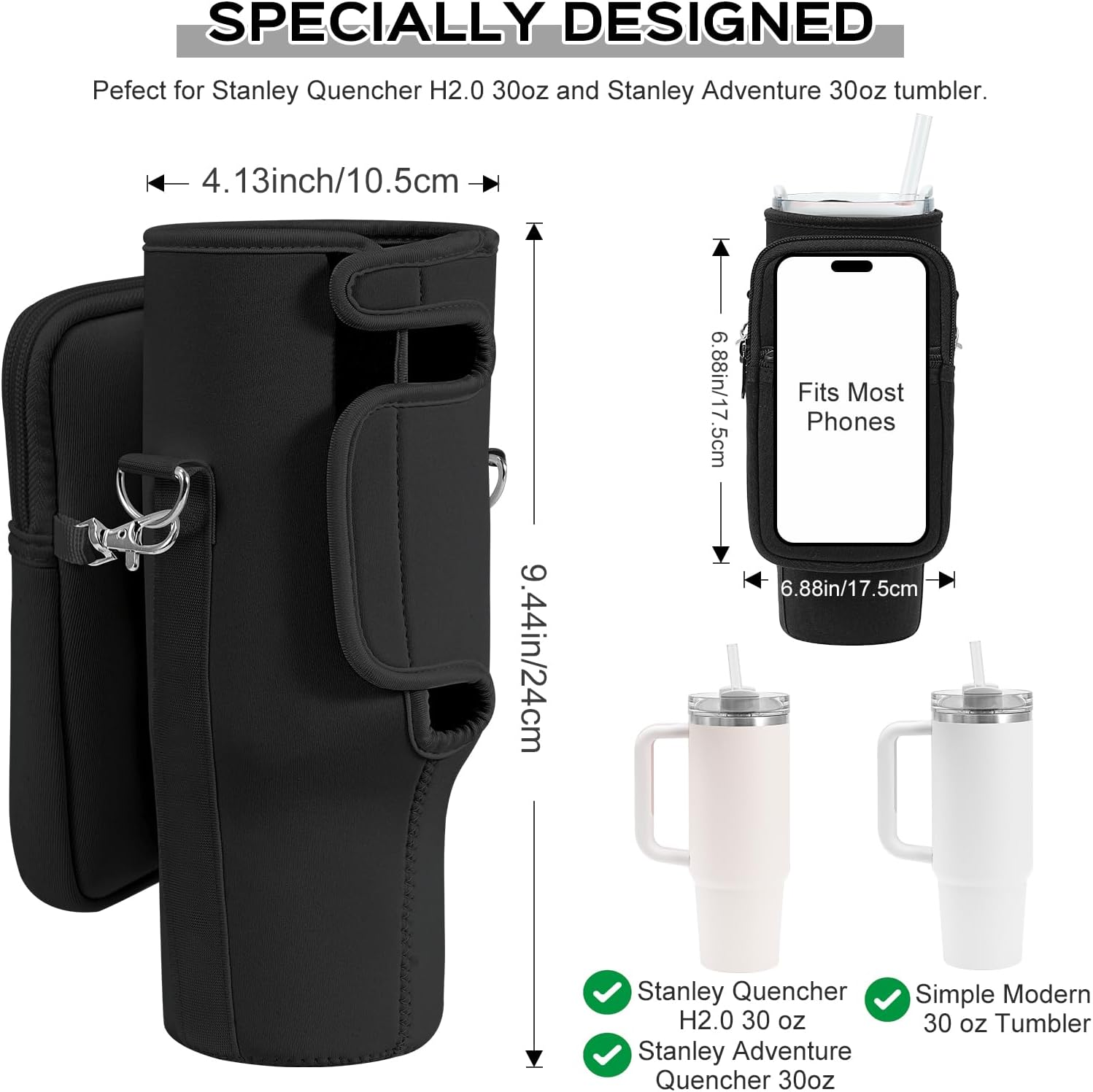 PRAGATISM Water Bottle Carrier Bag with Pouch for Stanley 30 Oz Tumbler with Handle, Neoprene Water Bottle Holder Pocket with Adjustable 4.9FT Strap, Bottle Pouch for Stanley Cup Accessories - Black image number 3