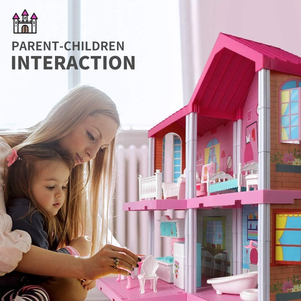 ZALLUC Dollhouse Girls Pretend Toys 4 Room- Doll Figure with Furniture, Accessories, Stairs, Pets and Dolls, DIY Cottage Pretend Play Dollhouse, for Toddlers, Boys & Girls image number 6