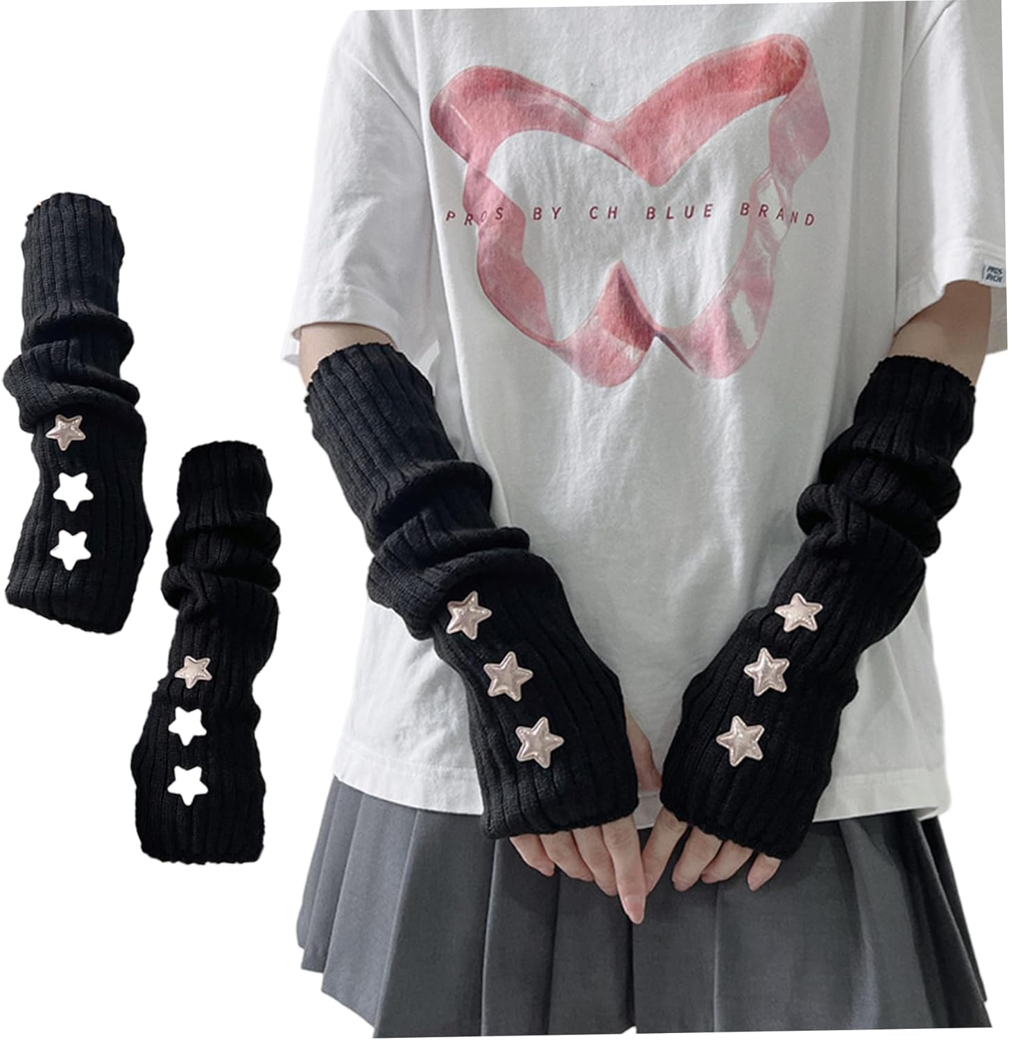 Arm Warmers Y2K Knit Black Arm Warmers with Star Embellishments Kawaii Clothes Cool Girls Gothic Grunge Accessories One Size image number 2