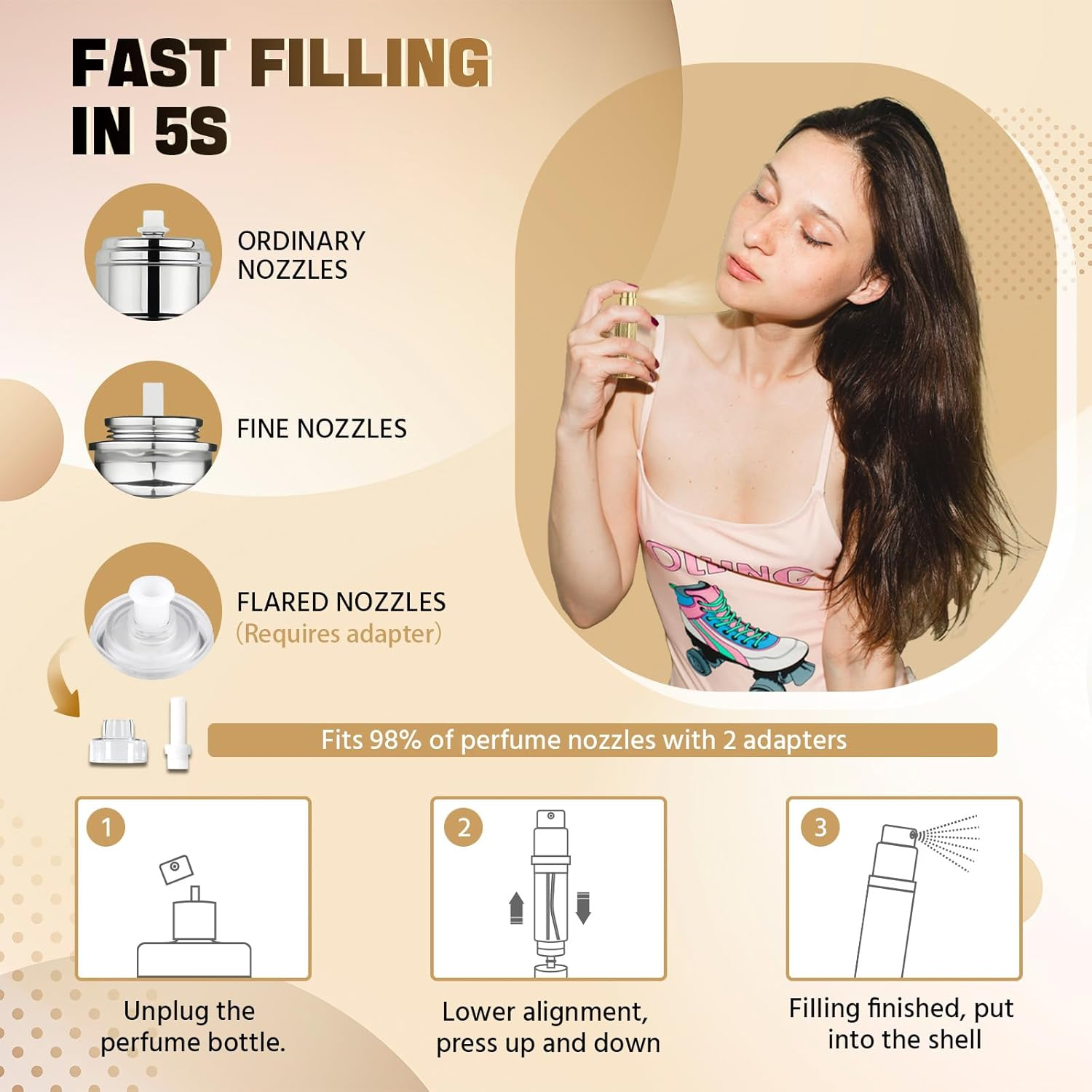 JOOMOKO Perfume Atomiser Refillable, 5 Ml Perfume Bottle, Empty Perfume Atomiser for Travel, Empty Perfume Atomiser Spray Bottle for Travel on the Go (Gold & Gold) image number 4