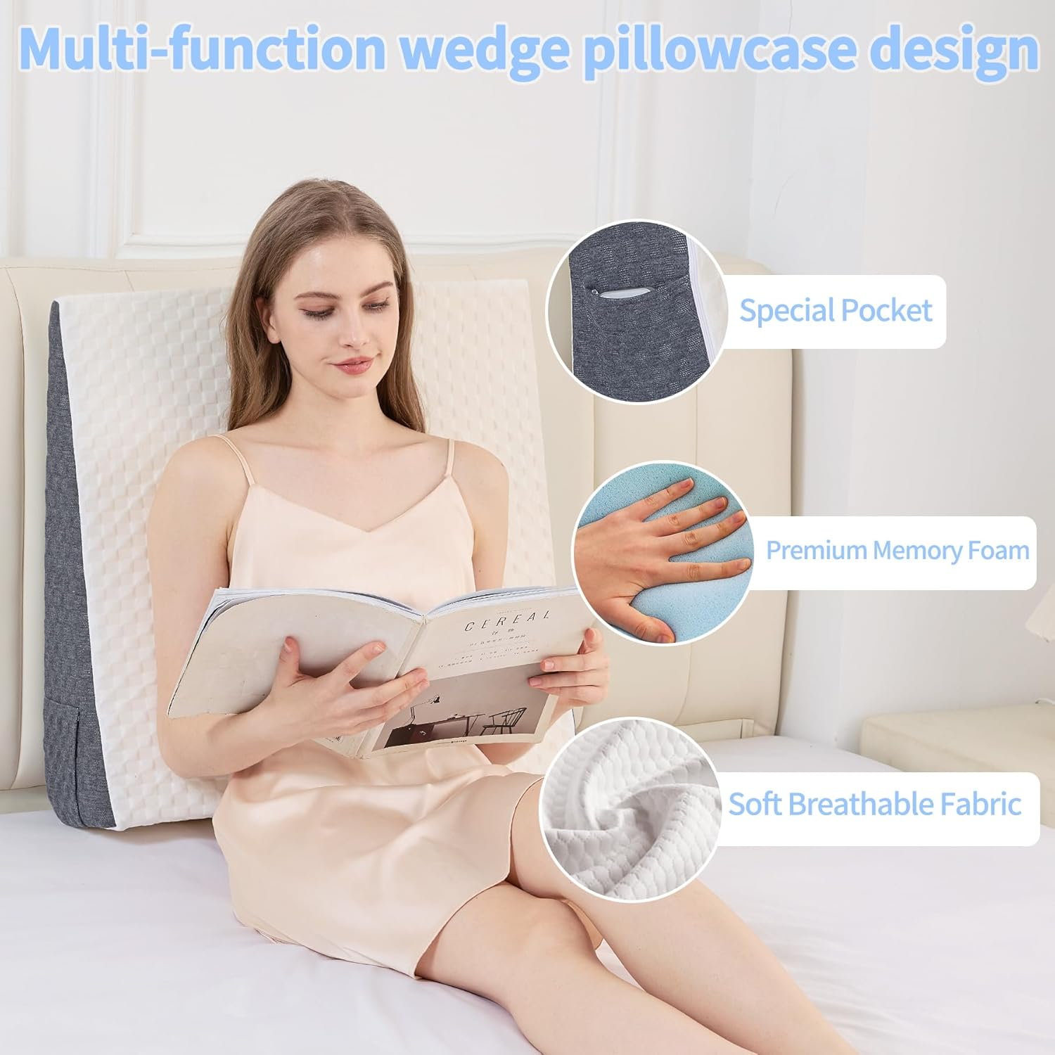 Hogrance Wedge Pillow for Headboard, Memory Foam Bed Wedge Pillow for Acid Reflux Relief, Sleeping, Post Surgery, Back Pain Relief, Snoring image number 1