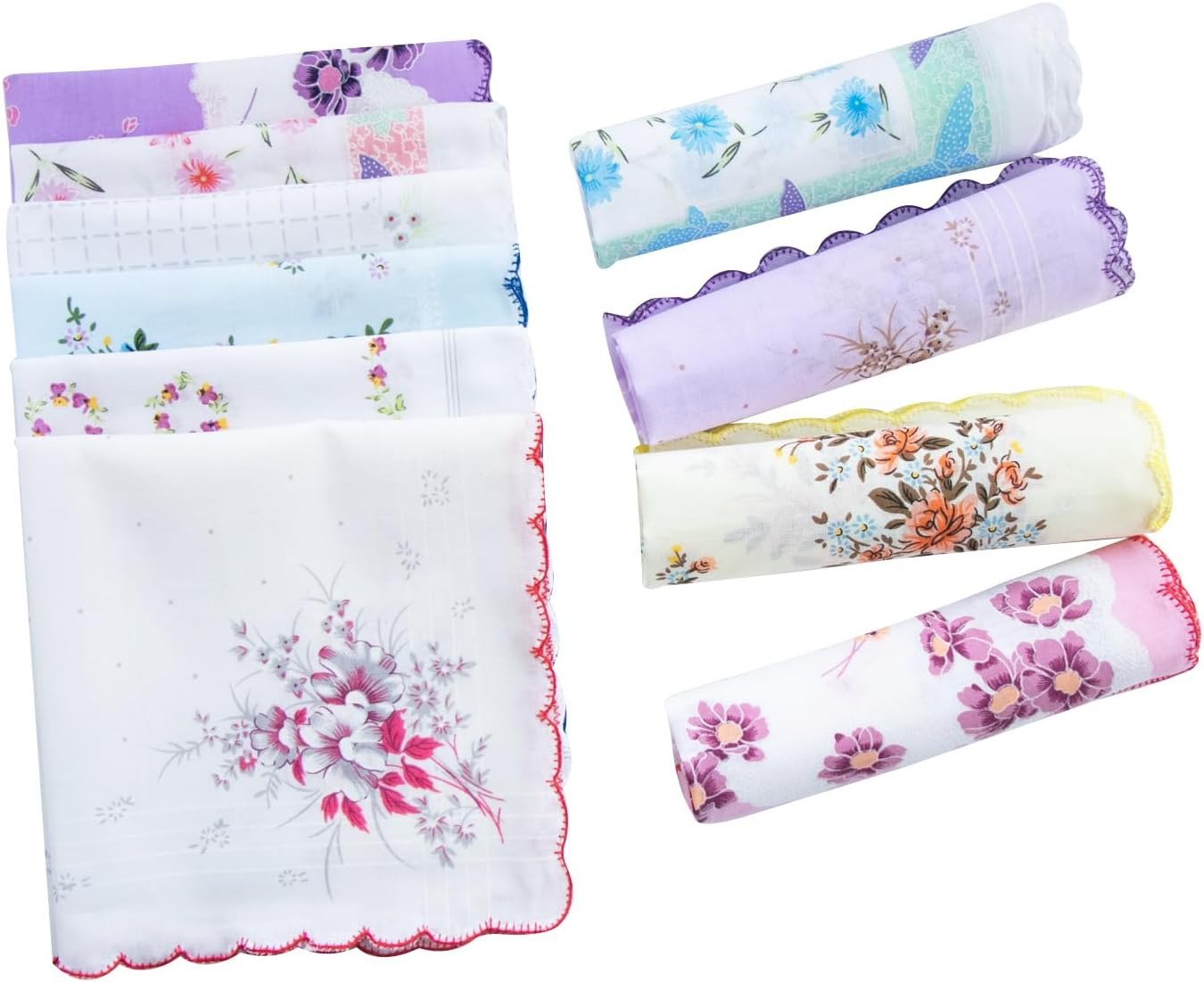 MZLIU Womens Girls Vintage Floral Cotton Handkerchiefs with Scalloped Edge Hankies image number 2