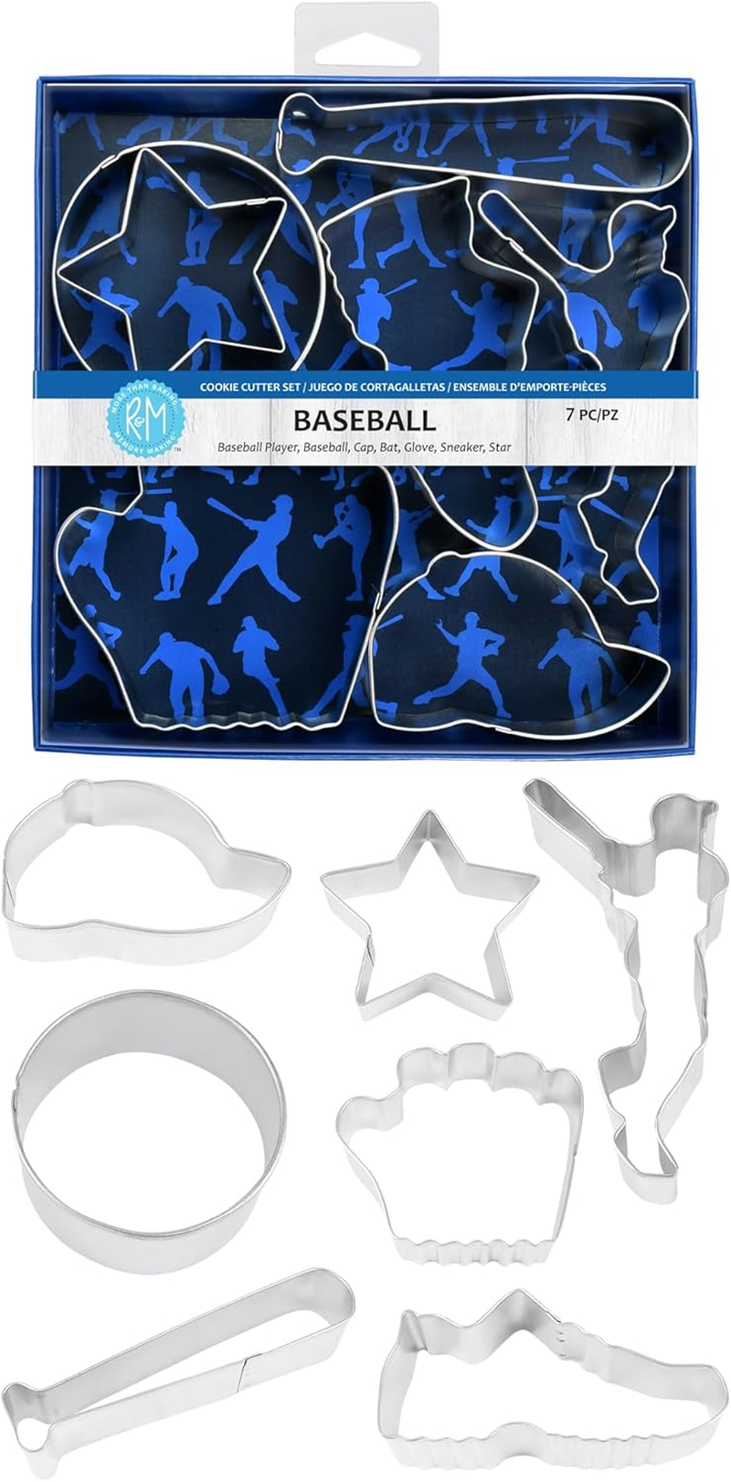 R&M International 1968 Baseball Cookie Cutters, Bat, Hat, Ball, Player, Glove, Star, Sneaker, 7-Piece Set