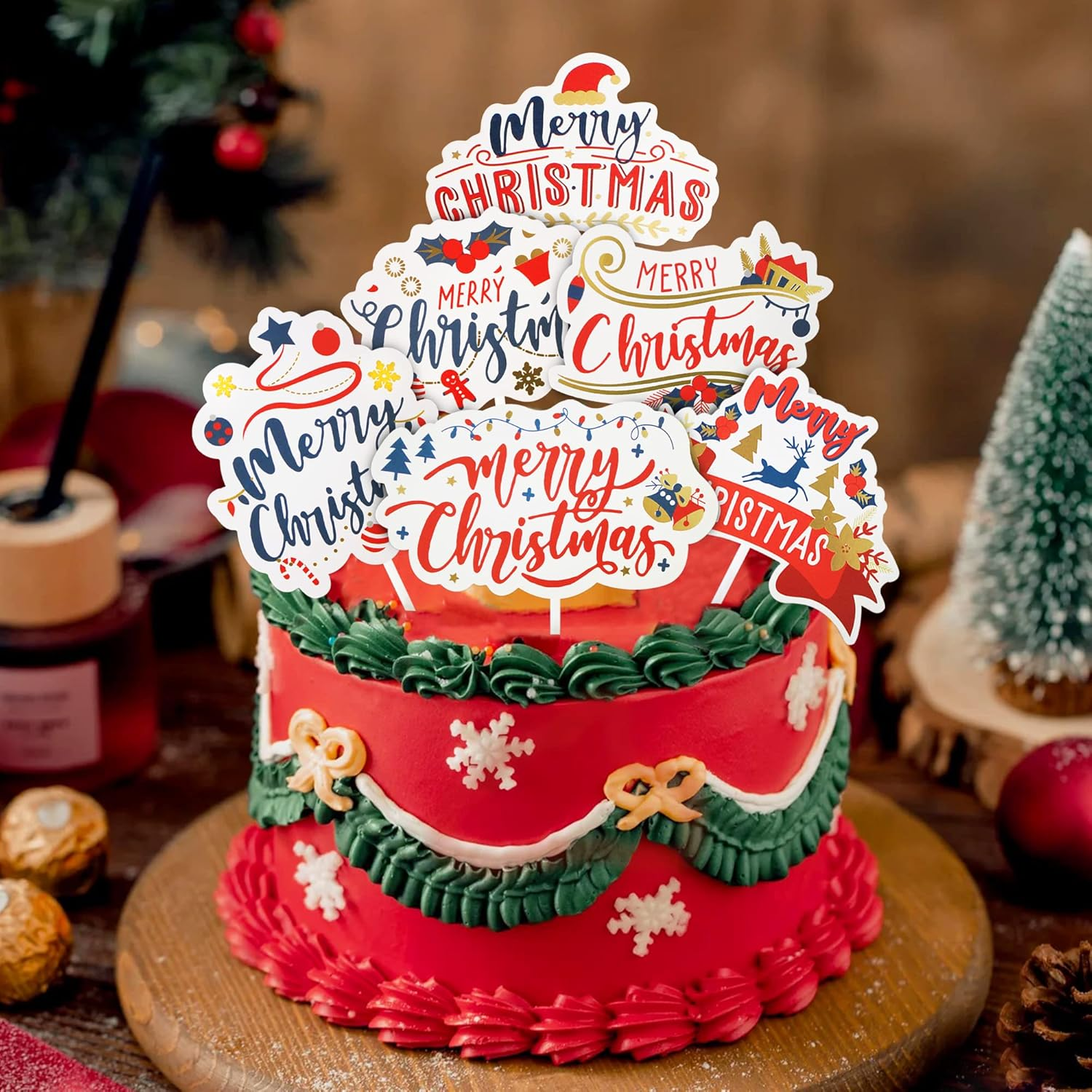 12Pc Red Christmas Cake Toppers Xmas Sweet Holiday Cupcake Toppers for Santa Tree Snowman Sock Candy Theme Party Cake Toppers Christmas Party Supplies image number 5