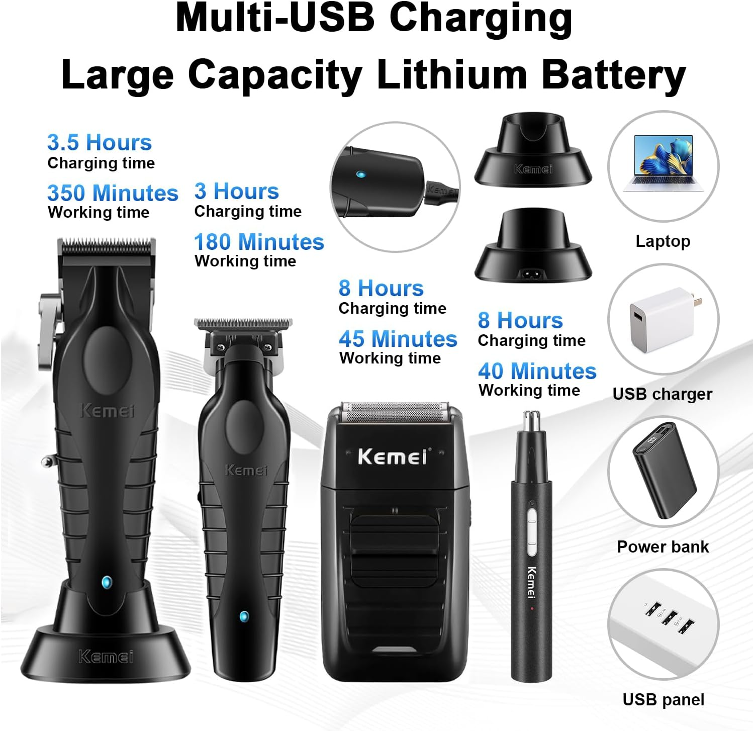 KEMEI Professional Hair Clippers for Men, Cordless Barber Clipper Beard Trimmer Foil Shaver Nose Eyebrow Ear Trimmer Set, USB Charging Complete Electric Hair Cutting Kit with 11 Guide Combs image number 6