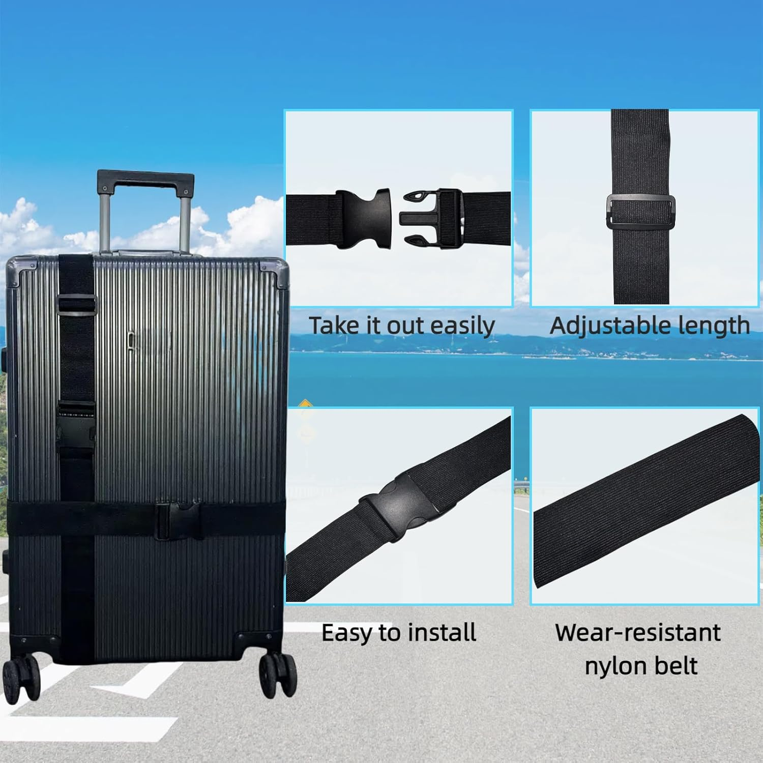 Pack of 4 Black Luggage Straps, Elastic Suitcase Strap, Adjustable Buckle Strap, Suitcase Strap for Safely Packing and Organising Travel Bags, Suitcases, Luggage Strap (3 X 50-200 Cm) image number 3