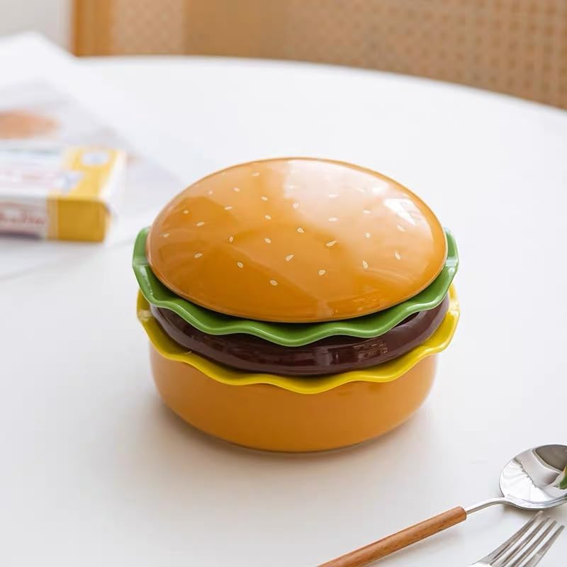 ROROUP Ceramic Hamburger Plates and Bowls Sets, 5-Piece Burger Shape Bowl and Plate, Novelty Stackable Burger Dinnerware Set for Afternoon Tea, Desserts, Biscuits, Steaks, Fun and Cute image number 1