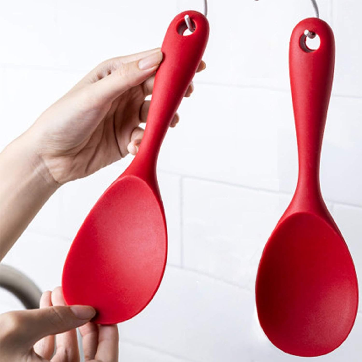 Silicone Rice Paddle Spoon Set of 2,Non Stick Heat Resistant to 446&deg;F Strong Steel Core,Kitchen Gadget,Dishwasher Safe,Works for Rice,Mashed Potato or More (Red) - Red image number 2