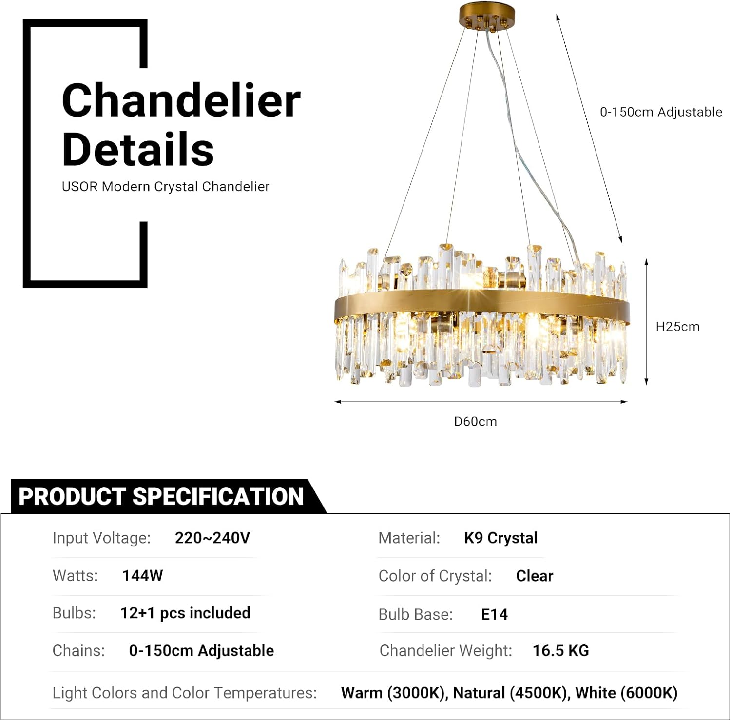 USOR Modern Crystal Chandelier, 12 Lights Gold Pendant Light D60Cm Contemporary round Ring K9 Crystal Ceiling Light Fixture for Dining Living Room Kitchen Island 3 Color Temperature Bulbs Included image number 5