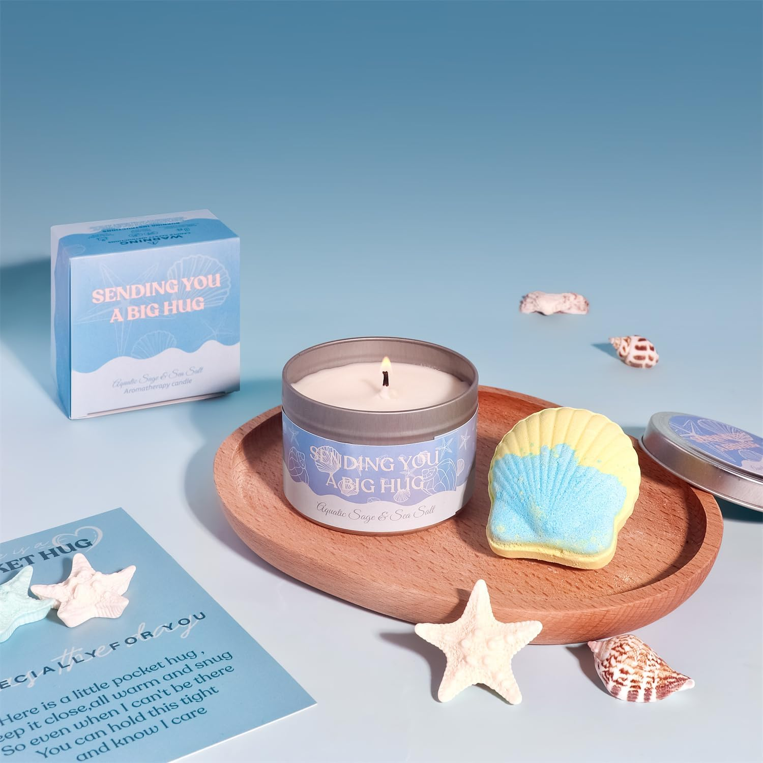 Birthday Gifts for Women,Ocean Themed Self Care Package Spa Gift Baskets Get Well Soon Gift Set with 40Oz Shell Tumbler, Soy Candle, Bath Bomb, Hair Towel, Fuzzy Socks, Soap, Blue image number 1