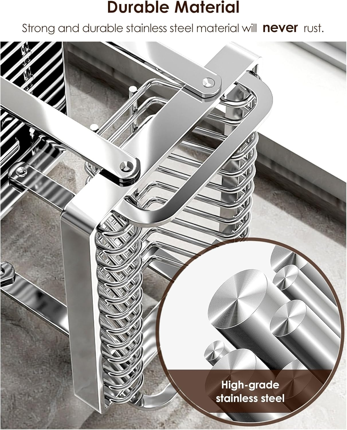 Dish Drying Rack, Multifunctional Dish Rack for Kitchen Counter, 2 Tier Collapsible & Stainless Steel Dish Drainer, Kitchen Drying Rack Equipped with Tableware Racks and Cup Holders image number 3