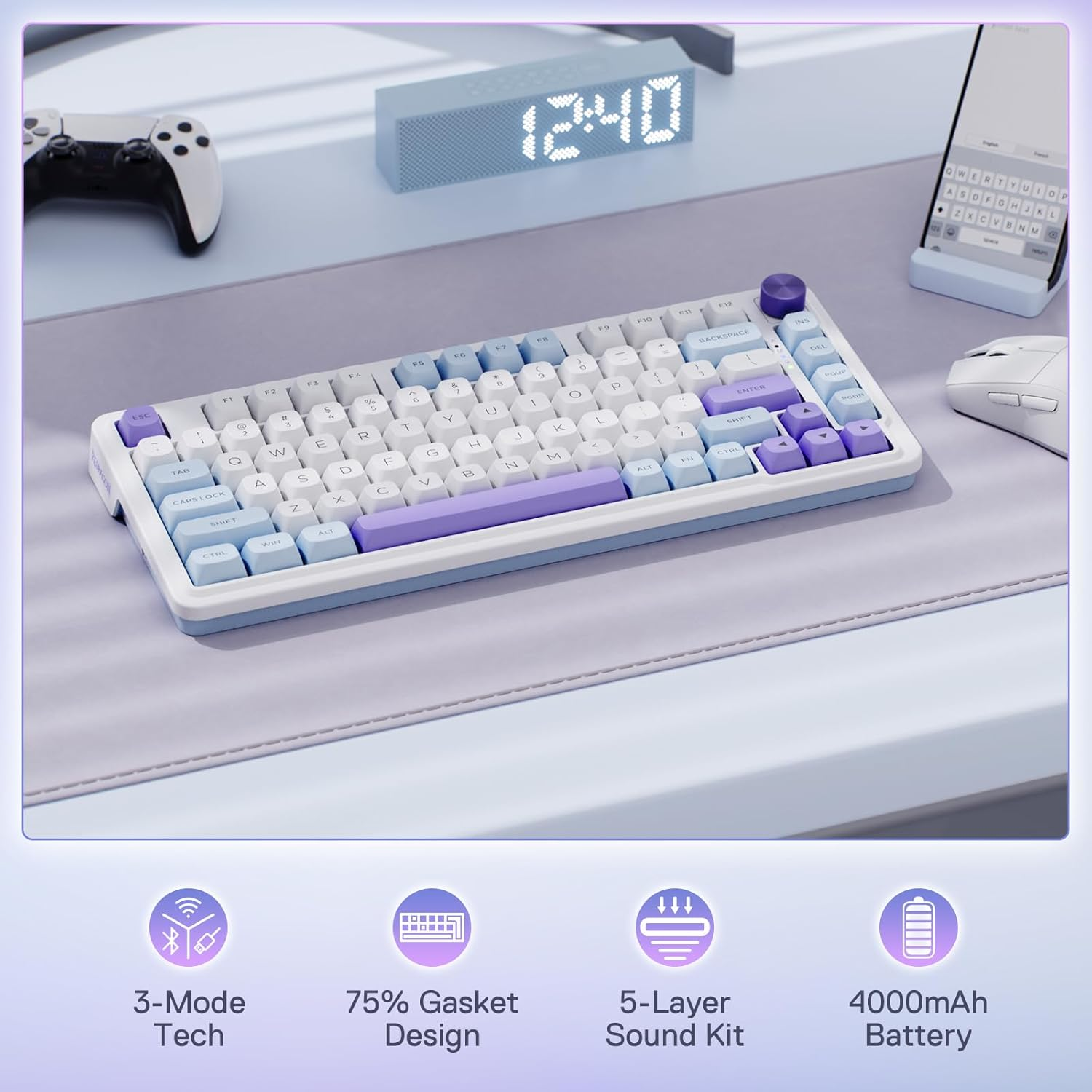 Redragon K673 PRO 75% Wireless Gasket RGB Gaming Keyboard, 3-Modes 81 Keys PBT Compact Mechanical Keyboard W/Hot-Swap Socket, Dedicated Knob Control & Sound Absorbing Pads, Custom Linear Switch image number 4
