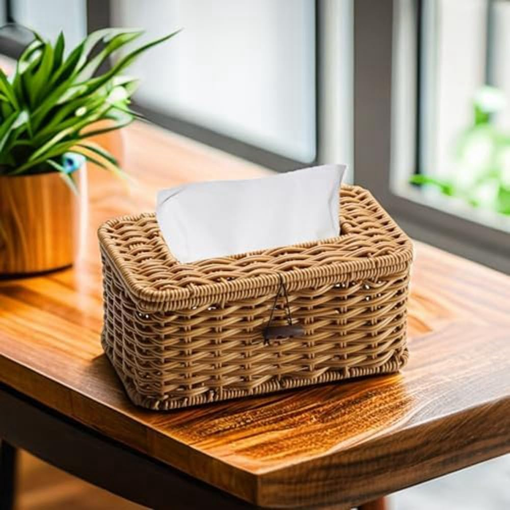 Elqater Rattan Rectangular Tissue Box Cover - Boho Decorative Woven Tissue Holder,Vintage Farmhouse Tissue Dispenser for Home Easy to Use image number 1