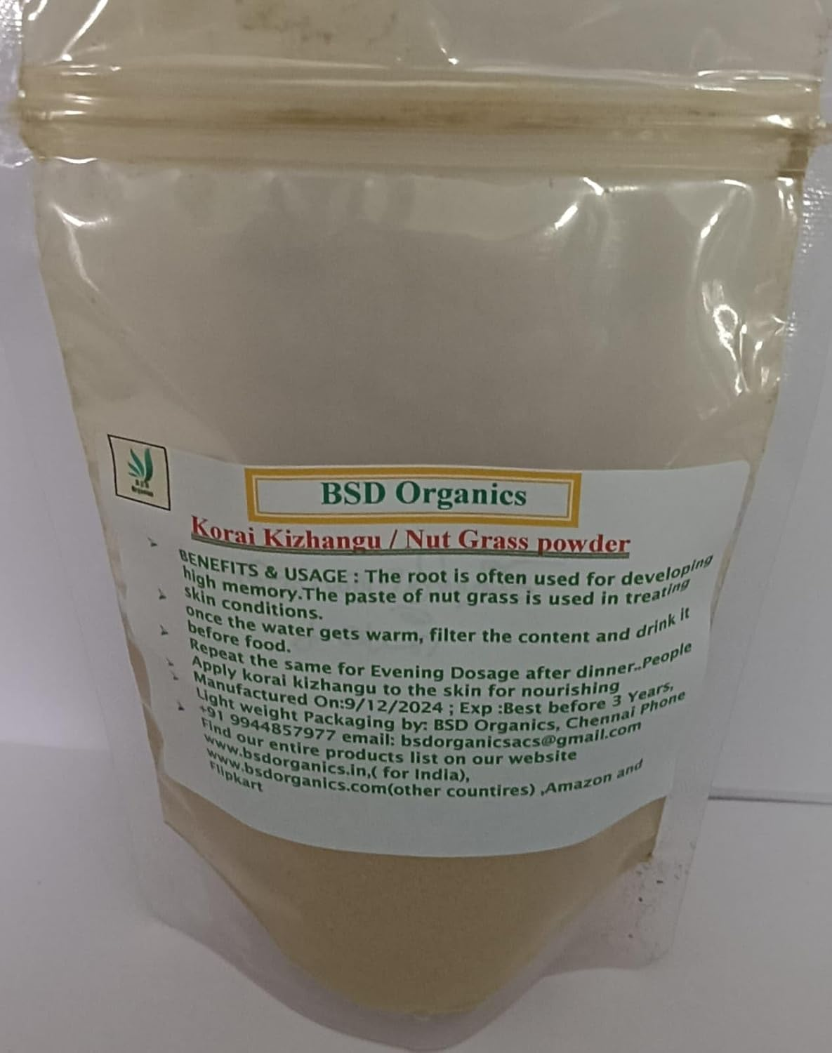 Bsd Organics Korai Kizhangu/Cyperus Rotundus/Nut Grass Powder - 50 Gram / 1.7 Ounce
