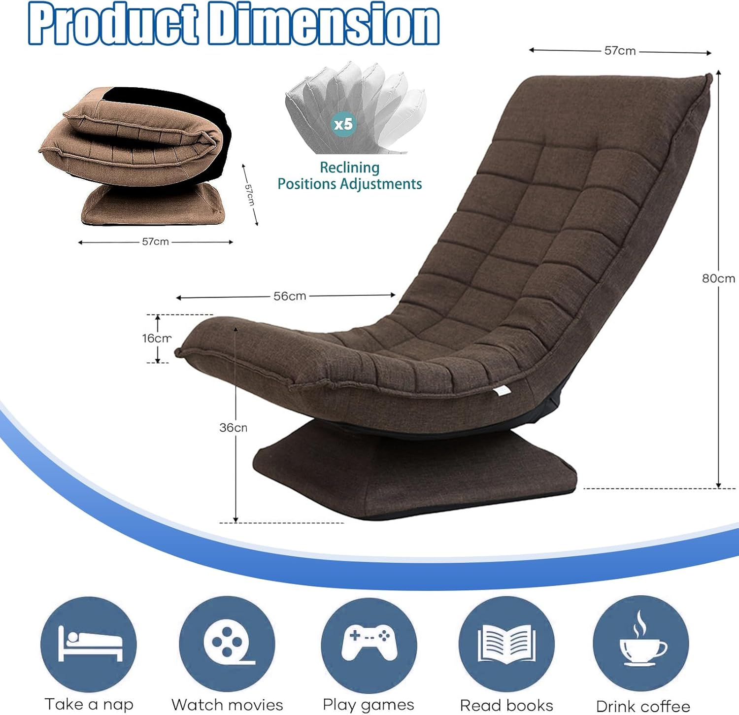 LIODUX Swivel Floor Chair, 5-Position Adjustable Folding Lazy Sofa Lounger Bed, Folding Floor Chair with Adjustable Backrest, for Home & Living Room, Chaise Lounge for Teens Adults (Coffee) - Coffee image number 5