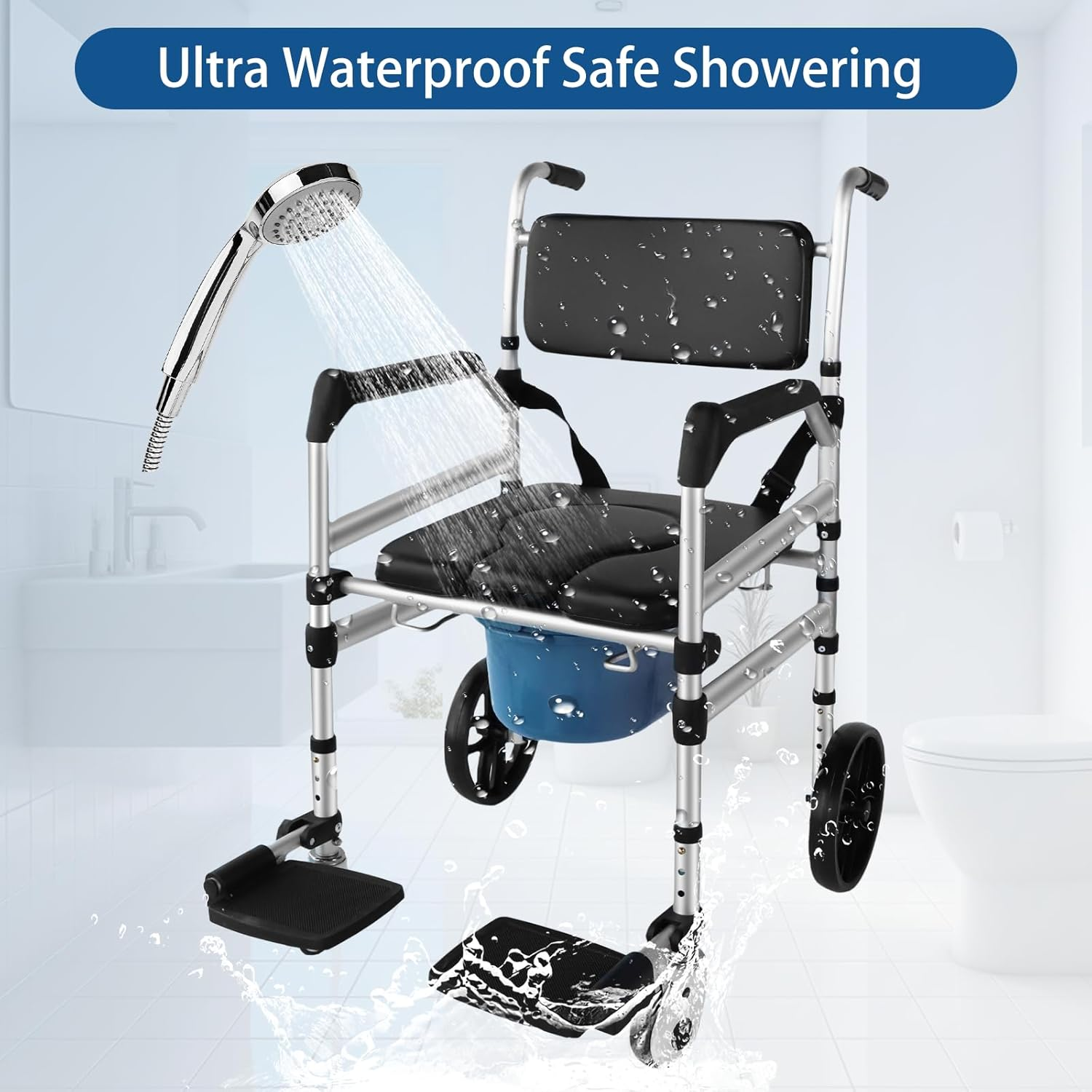 Rolling Shower Chair with Wheels for Elderly and Disabled, Foldable Wheelchair Lightweight Folding, Bedside Commode Chair with Arms for Toilet, Raised Toilet Seat Raiser with Handle for Senior image number 3