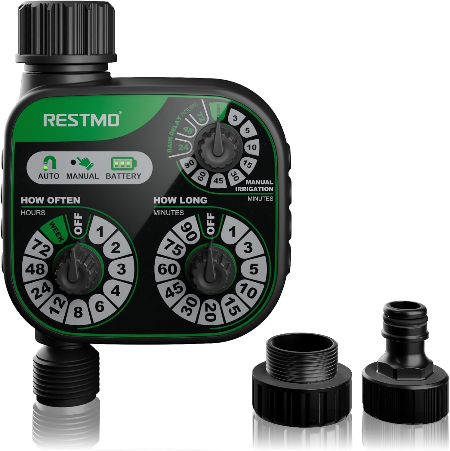 RESTMO 3-Dial Analog Water Timer, Mechnical Control Automatic Irrigation with Manual and Rain Delay, Sprinkler Timer for Garden Hose Watering, Self-Watering System, Easy to Set Up