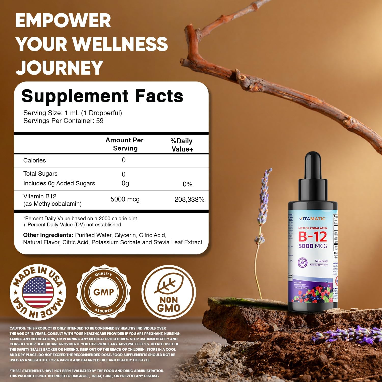 Vitamatic Fast Acting Liquid Vitamin B12 5000 Mcg (Methylcobalamin) - Natural Berry Flavor - Sublingual Supplement - Faster Absorption - 2 OZ image number 6