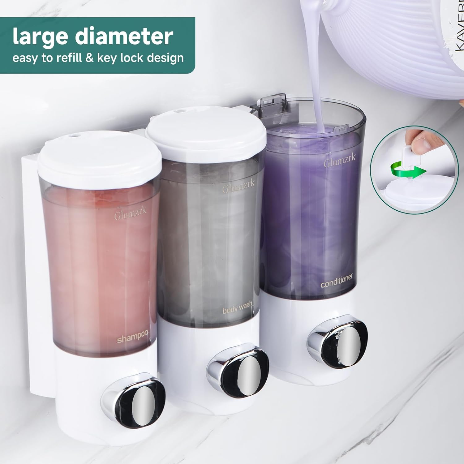 Shower Soap Dispenser Wall Mounted No Drill Shampoo Conditioner Body Wash Dispensers 15Oz/450Ml X 3 Chamber Shower Dispenser Bottles with Upgrade Pump Head Refillable Bathroom Soap Dispenser Set White - Black 3 image number 4