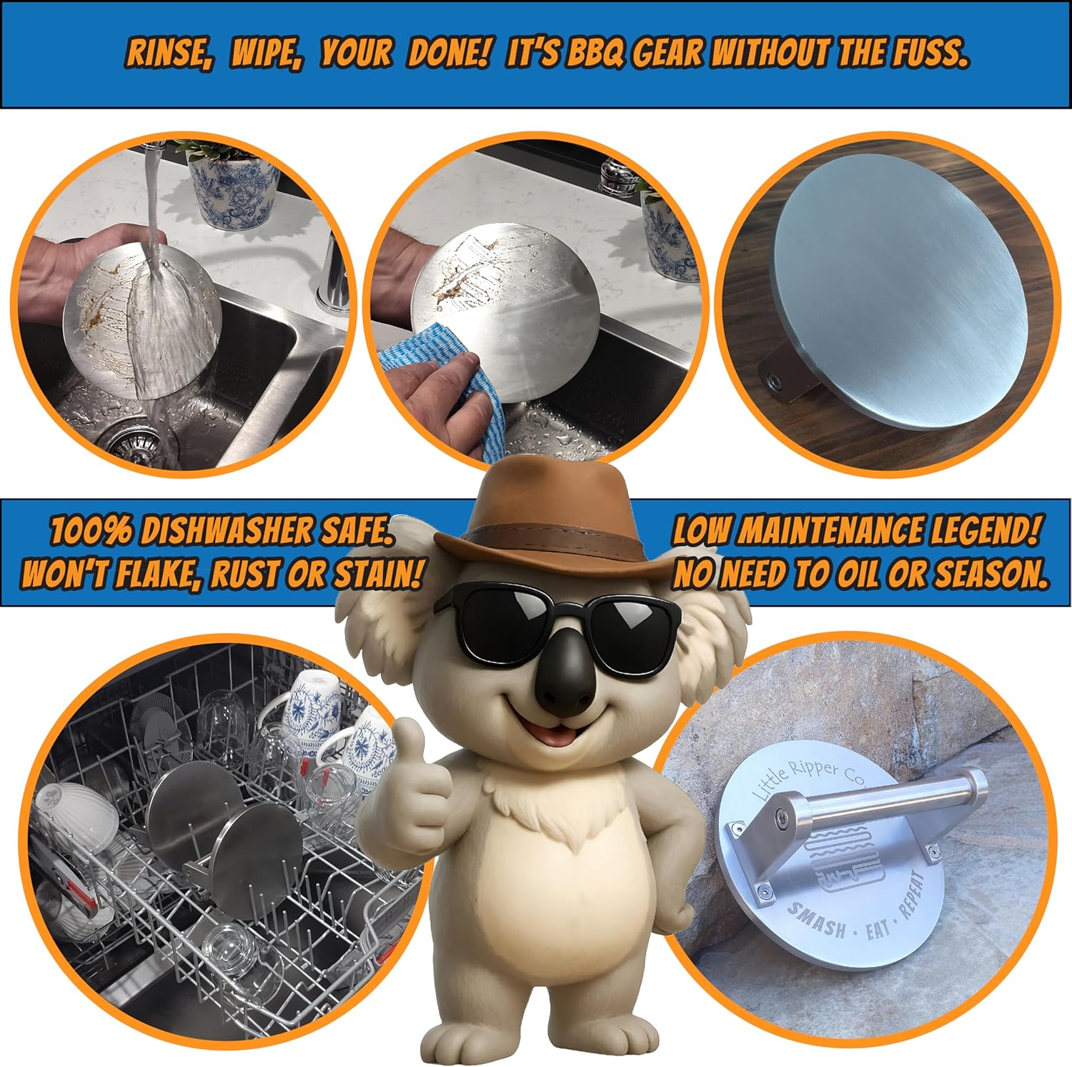 1.5Kg Smash Burger Press. Heavy Duty Commercial Quality Food Grade 304 Stainless Steel for BBQ & Kitchen Use. 150Mm Wide X 8Mm Thick Flat Base. Dishwasher Safe image number 6