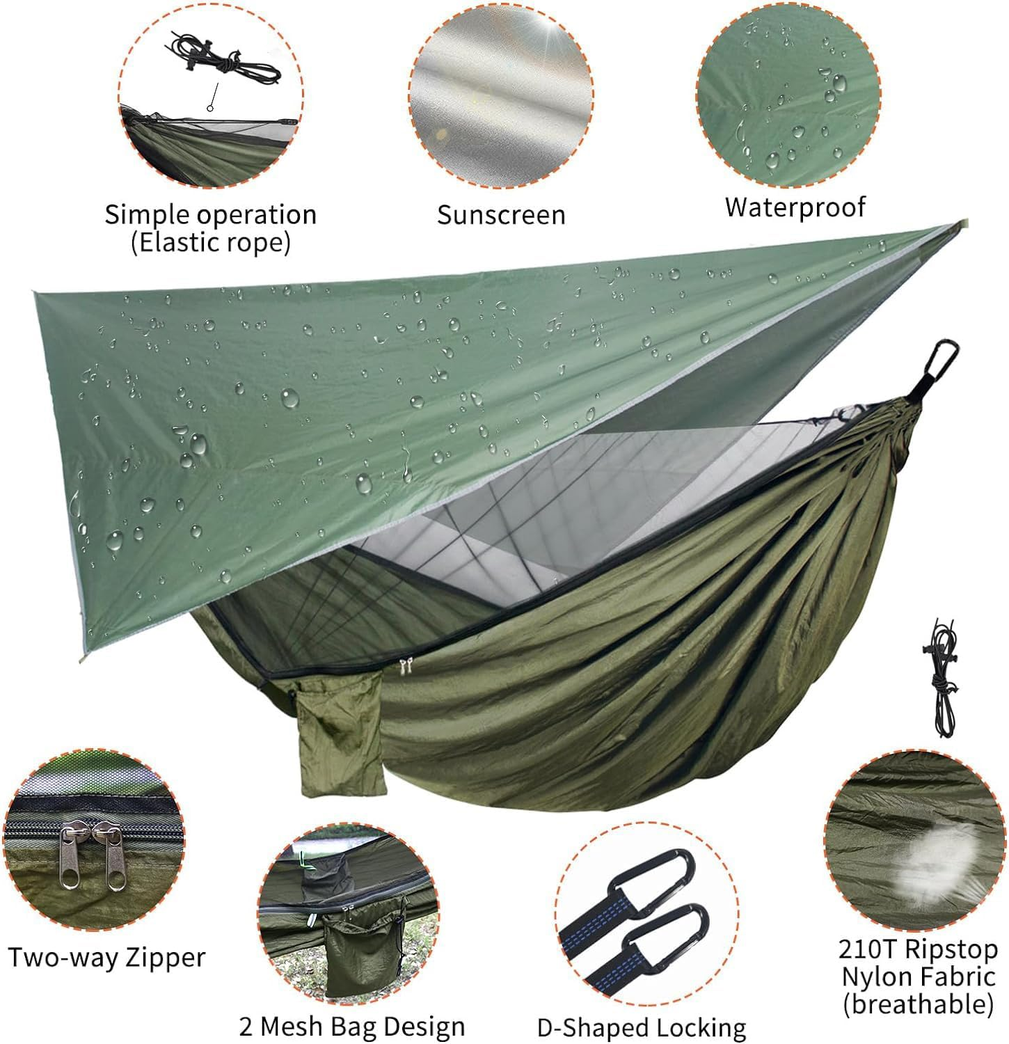 Dxzephious Camping Hammock with Rain Fly Tarp and Mosquito Net Portable Single Double Hammock Tent with Tree Strap Backpacking Hammock with Rain Cover for Hiking Travel Yard Activities Green image number 4