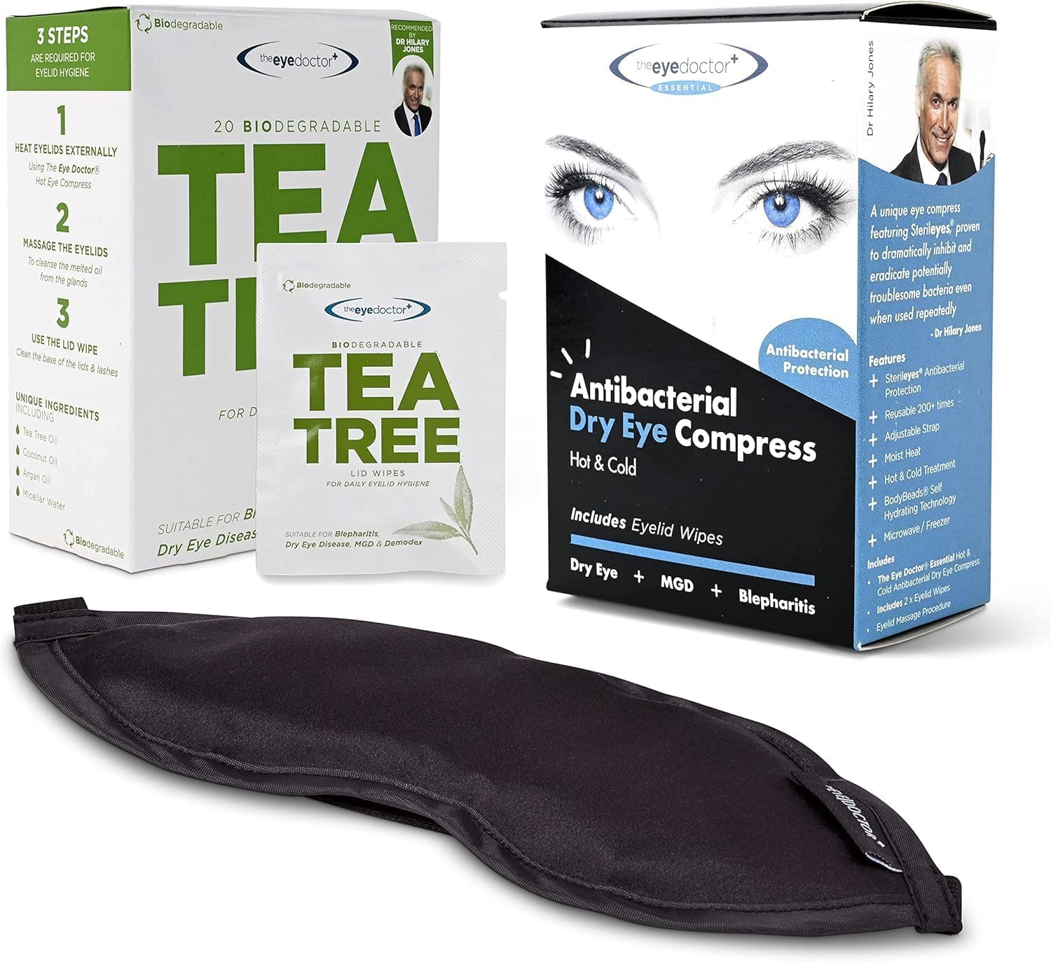 The Eye Doctor Essential Treatment Bundle - Reusable Hot Cold Eye Compress & 20X Single Use Tea Tree Eyelid Wipes for Dry Eye, Blepharitis & MGD - Microwave Safe Mask