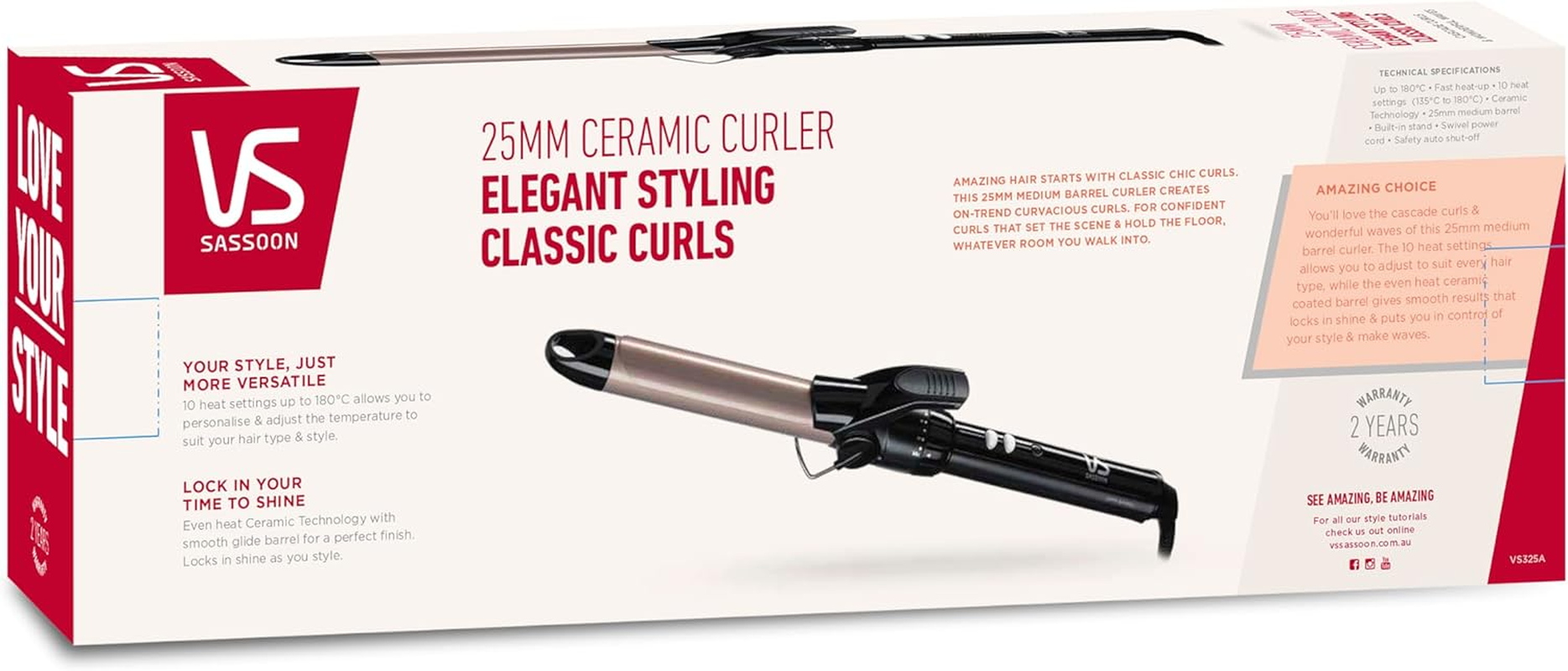 VS Sassoon Ceramic Hair Curler 25Mm Barrel &ndash; Fast Heat Up, 10 Heat Settings (135&deg;C&ndash;180&deg;C), Smooth Glide Ceramic Technology, Auto Shut-Off &ndash; Black image number 3