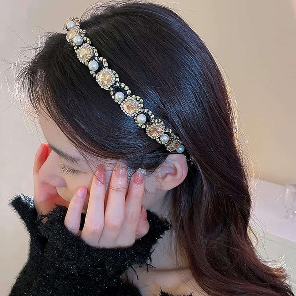 Wiwpar Rhinestone Crystal Headband for Women Girls Sparkly Pearl Beaded Hair Hoops Party Headwear Vintage Style Bling Accessories for Women Girls Christmas Gift (Green)