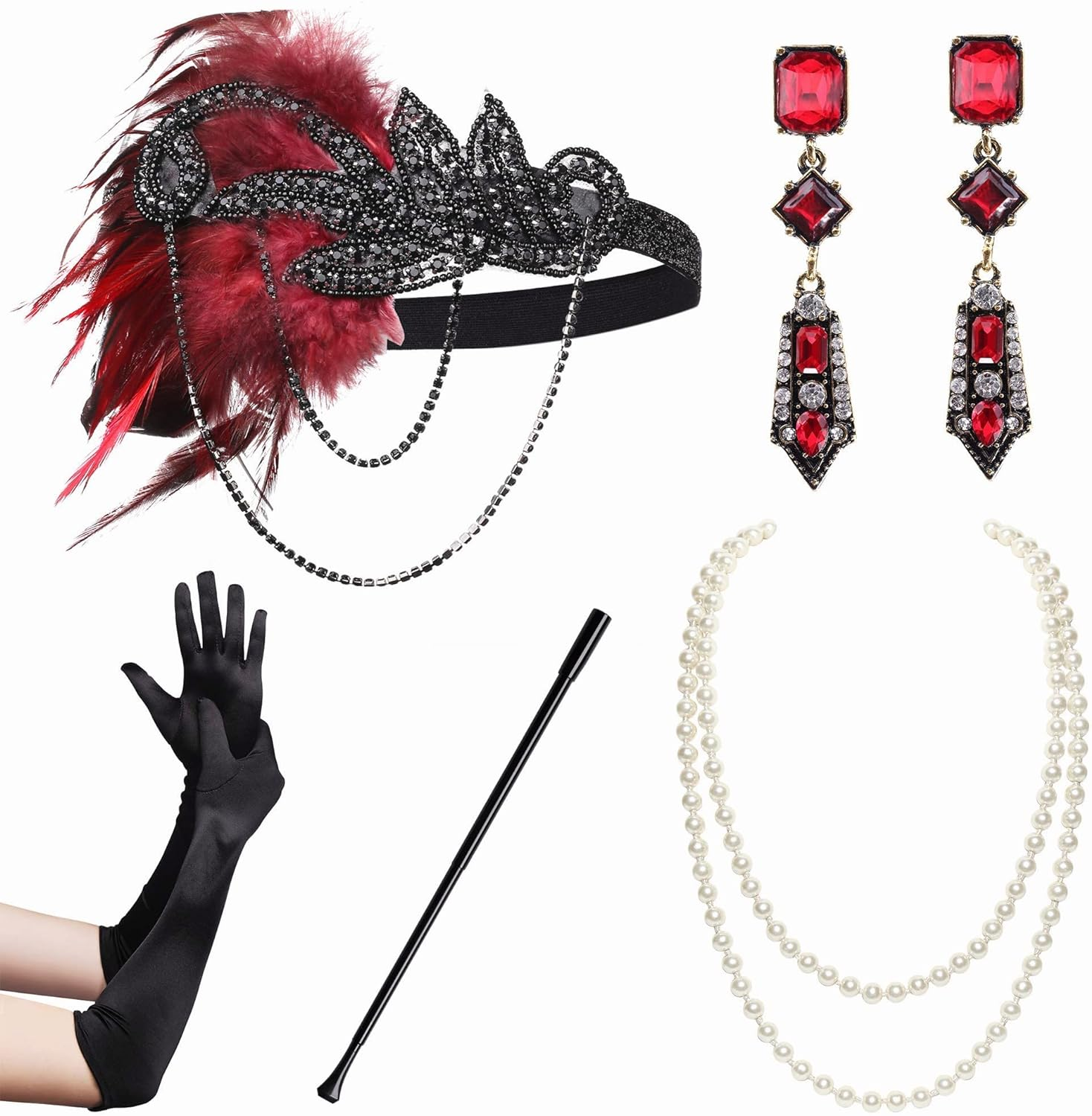 BABEYOND 1920S Flapper Accessories Gatsby Costume Accessories Set 20S Flapper Headband Pearl Necklace Gloves Plastic Holder image number 6
