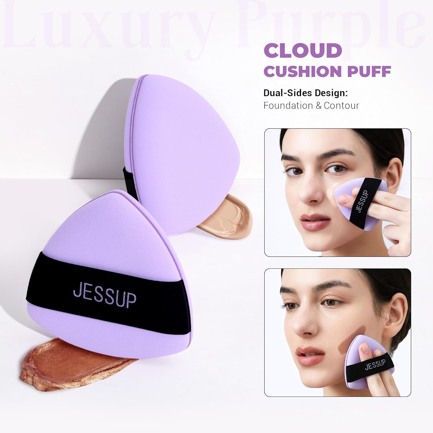Jessup Powder Puff, 2Pcs Triangle Powder Puff Soft for Foundation Setting and Baking, Reusable, Washable, Purple SP018 image number 1