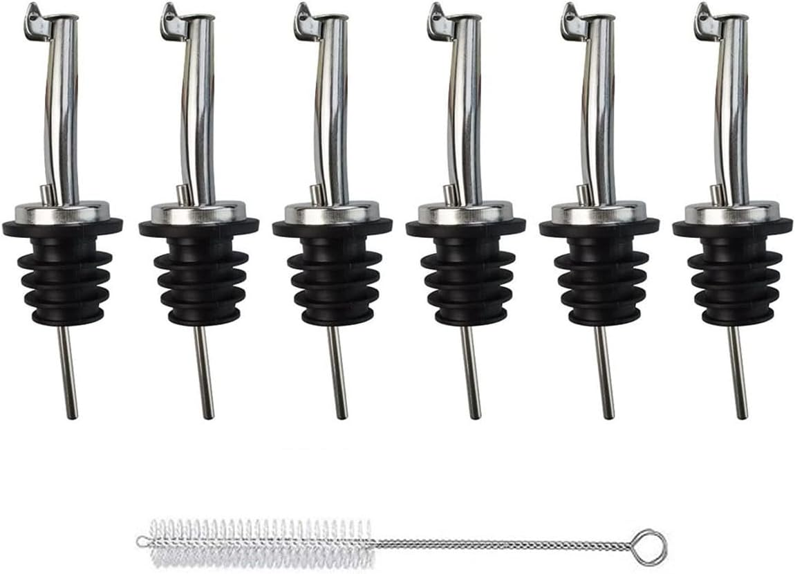 Wine Bottle Pourer 6 Pieces Stainless Steel Wine Pouring Spout Automatic Flip Top Wine Bottle Stopper Quick Pourer Olive Oil Bottle Conical Spout Pourer (With Cleaning Brush and Folding Funnel) image number 2