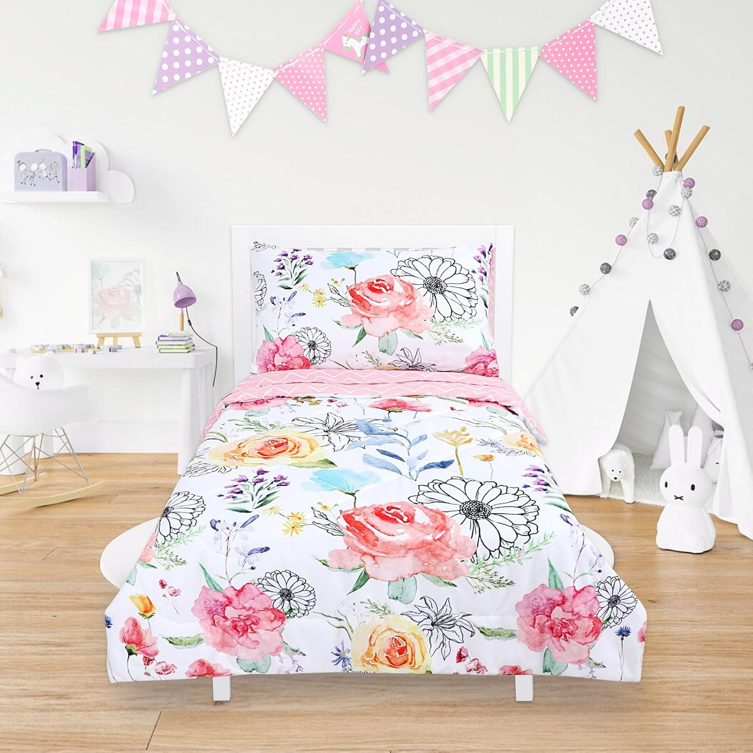 Toddler Bedding Sets for Girls, 4 Piece Soft Crib Bedding Set, Flower Toddler Girl Bed Comforter Set, Includes Watercolor Floral Series Comforter, Fitted Sheet, Flat Sheet and Pillowcase image number 1