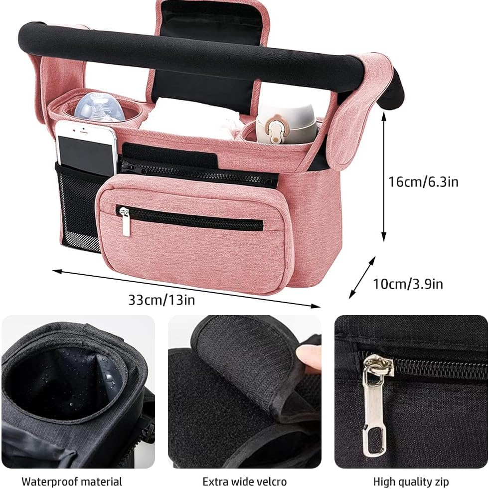 BLAZDEVE Baby Stroller Organizer with Insulated Cup Holder, Large Storage Space Stroller Bag with Detachable Phone Bag and Shoulder Strap for Uppababy, for Baby Jogger, for Britax (Pink) image number 6