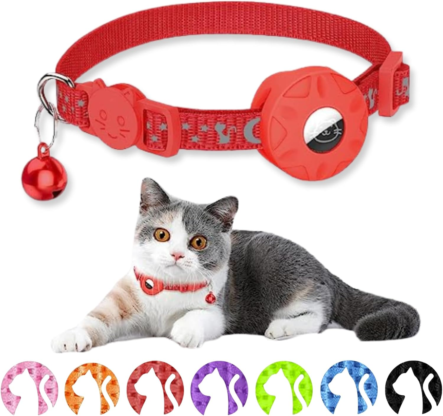 Airtag Cat Collar Adjustable Safety Buckle Bell Night Reflective with Apple Air Tag Holder Sturdy Durable Suitable for Cats Dogs (Black & Red) - Blue  Red image number 5