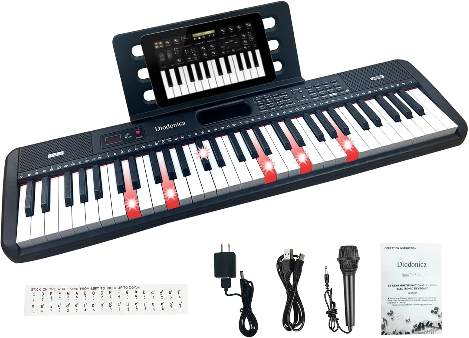 Diodonica 61-Key Light-Up Keyboard Piano for Kids & Beginners with Stand, Stool & Microphone &ndash; Portable Electric Piano with 60 Demo Songs, 200 Rhyhms,200 Tones, Key Stickers (Black)