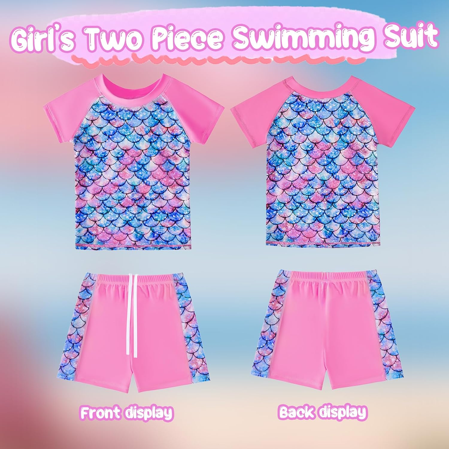 Girls' Swimwear, Girls Swimsuit 2 Piece with Bottoms, Cute Printed Short Sleeve Swimsuit for Kids Girls 5-12 Years image number 3