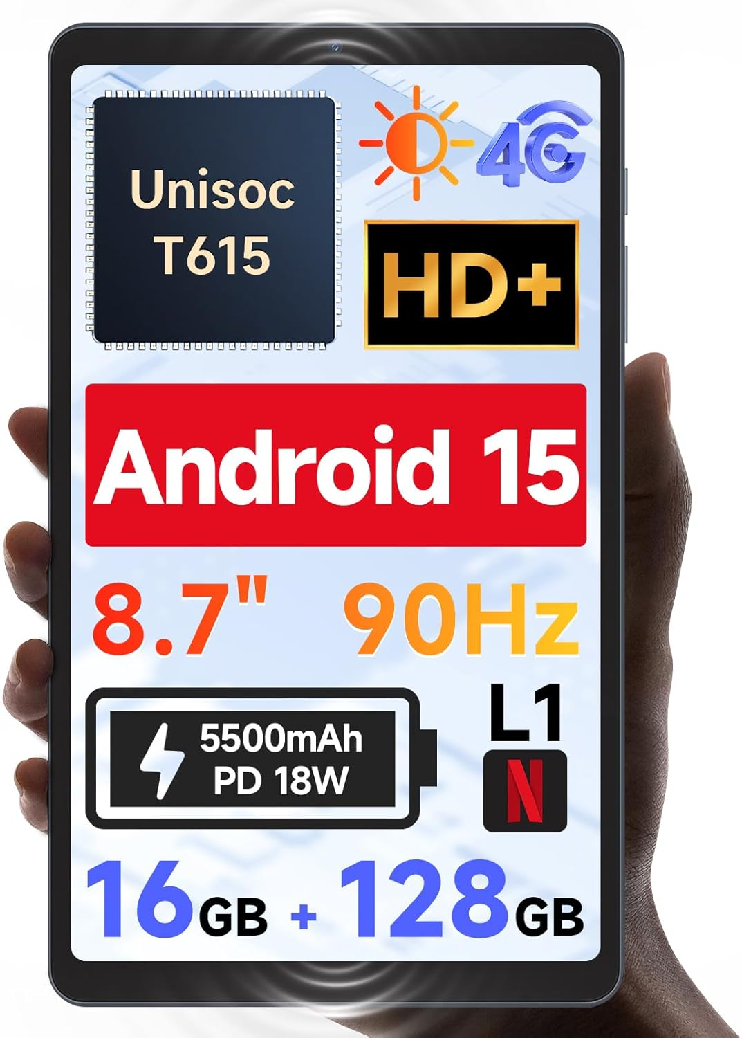 [2025 New Android 15] 8.7" Tablet by BNCF, Unisoc T615 (8 Core), HD IPS 800X1340, 90Hz Reflex, 350Nits, Widevine L1, 5MP Camera, 4G LTE, 2.4G/5G Wifi, BT5.0, 5500Mah, PD18W, 16GB+128GB (1TB TF) image number 1