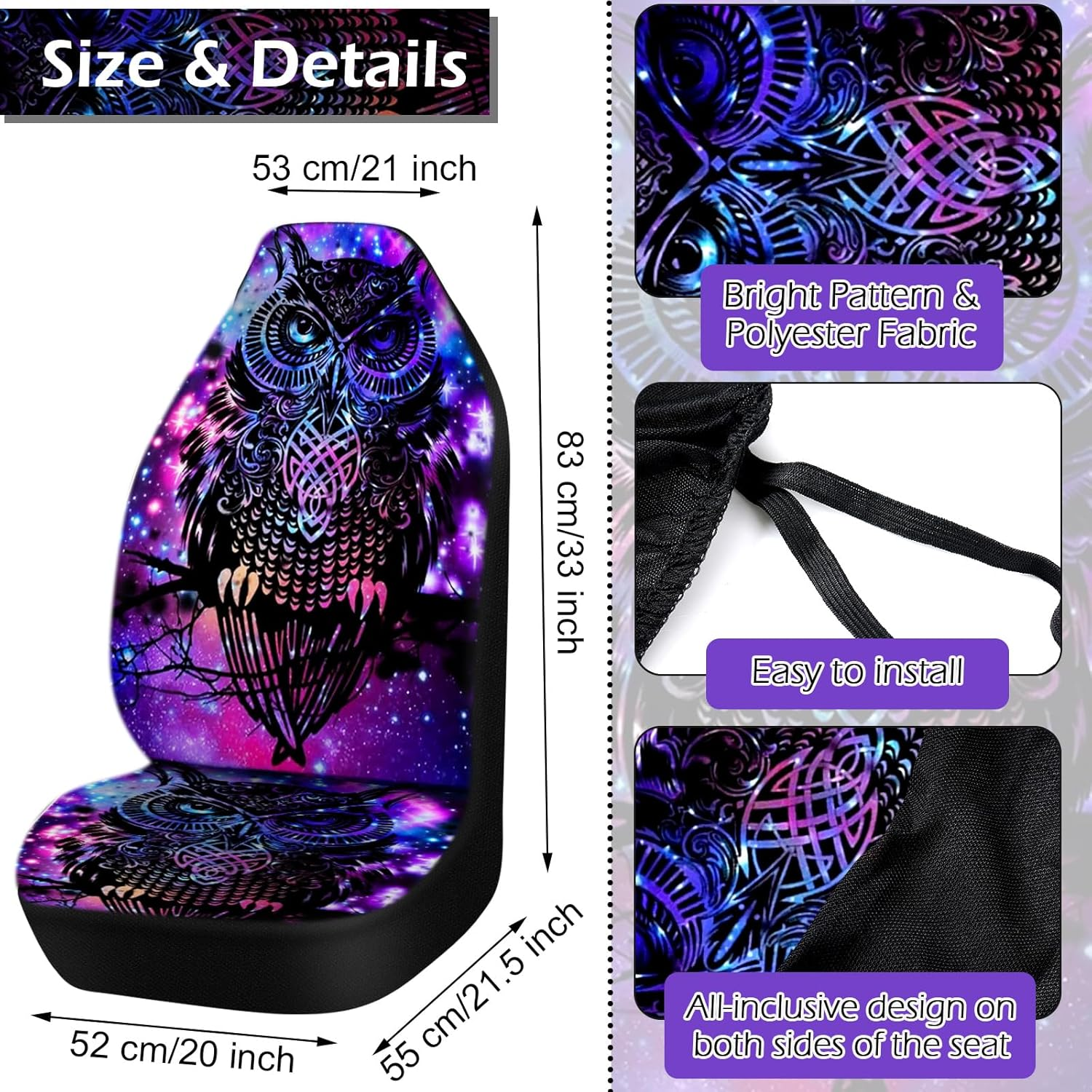 Riakrum 15 Pcs Purple Colorful Owl Car Seat Covers Full Set Space Cats Car Covers for Front Rear Seat Steering Wheel Wrist Strap Armrest Pad Shoulder Pads image number 2