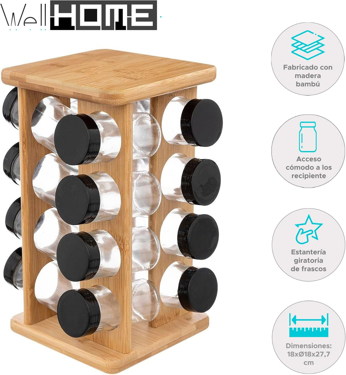 WELL HOME Rotating Spice Rack for 16 Spices Made of Bamboo image number 4