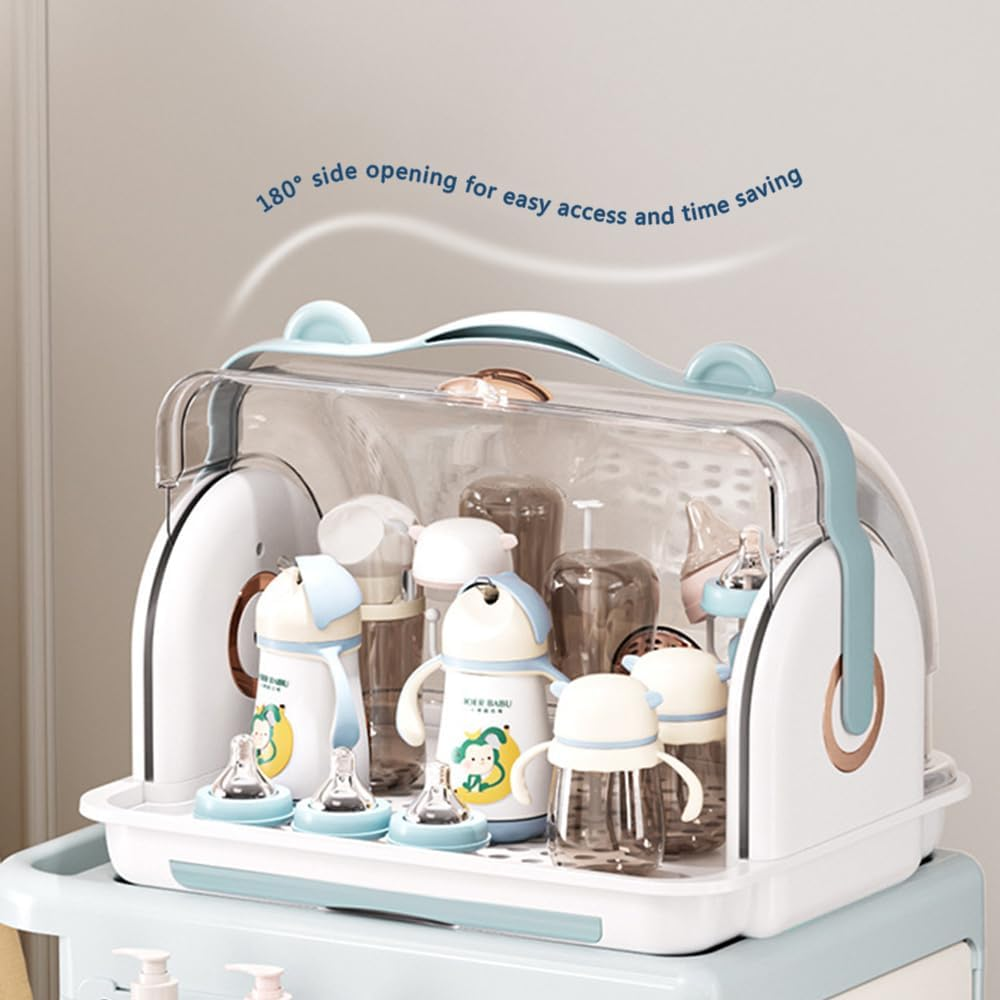 Baby Bottle Drying Rack with Storage Box, Portable Nursing Bottle Organizer with Cover and Drain Board, Durable Countertop Drying Station for Bottles and Tableware image number 2