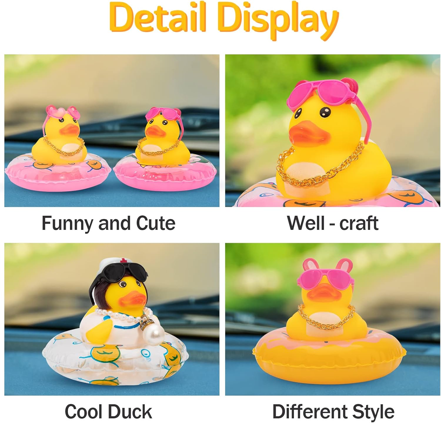 Wonuu Car Rubber Duck Car Duck Decoration Dashboard Car Ornament for Car Dashboard Decoration Accessories with Mini Swim Ring Necklace and Sunglasses, A_Nurse Duck_Pink Swim_Heart Glasses_Big Pearl image number 4