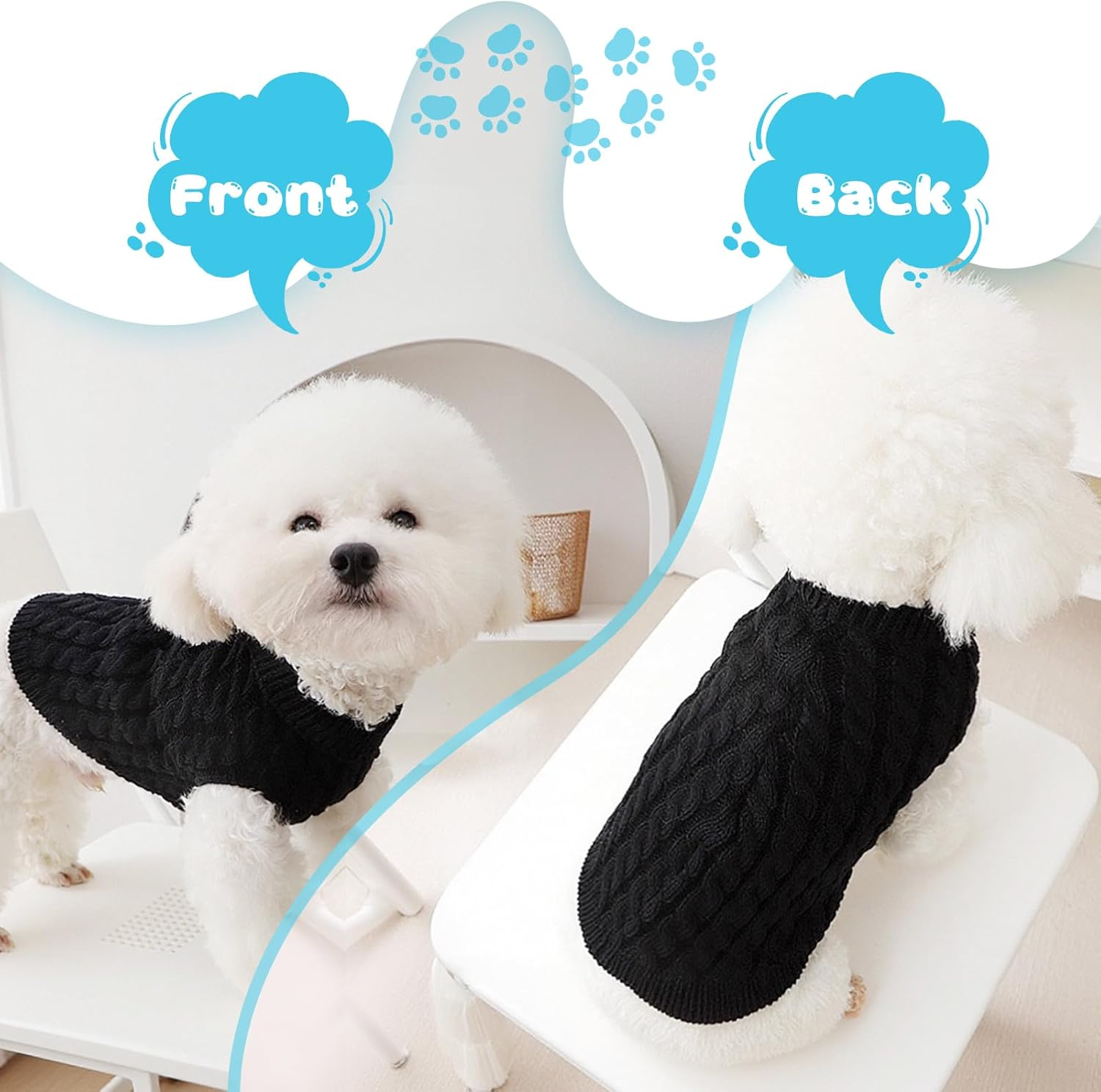 Fiohiros Dog Sweater Knitted Turtleneck, Warm Winter Dog Jumpers Cute, Dog Coat Apparel Puppy Twist Striped Vest Dog Clothes for Dog Cat (Beige+Black, S) image number 4