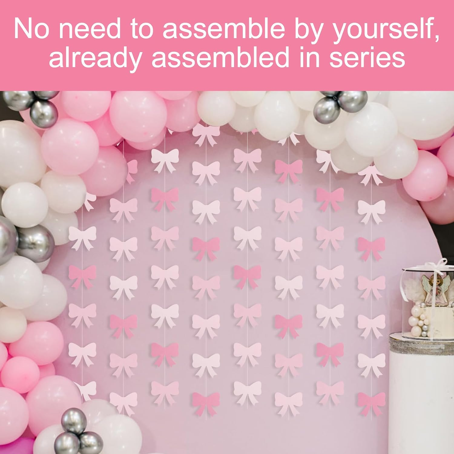 Gosknor 8Pcs Pink Paper Bow Banners, Party Decoration, Curved Shape, for Bow Theme Parties image number 2