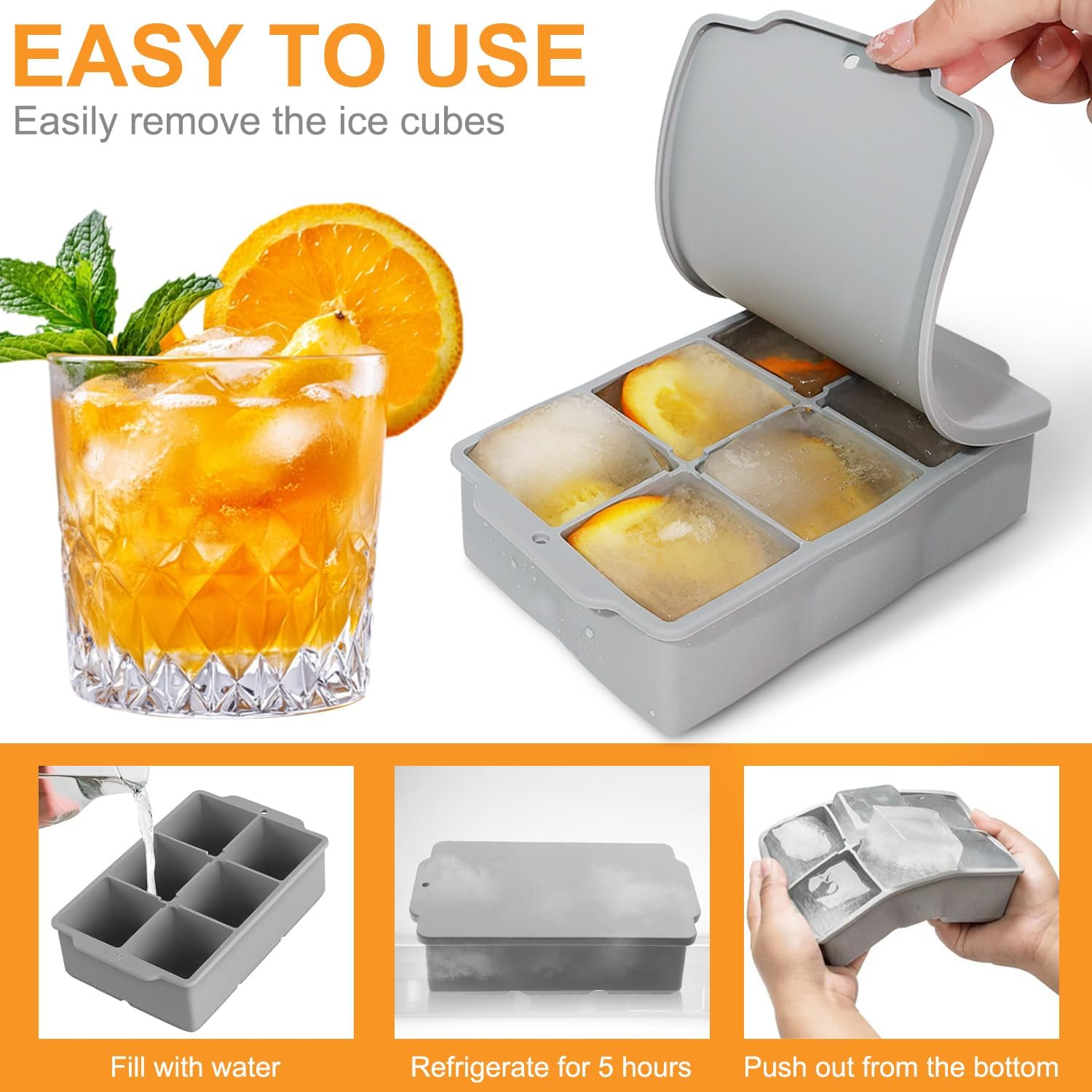 Large Ice Cube Tray with Lid - Stackable Silicone Square Ice Molds for Chilled Treats, No BPA, Ideal for Freezing Soups & Snacks (1, Grey, Square) image number 4