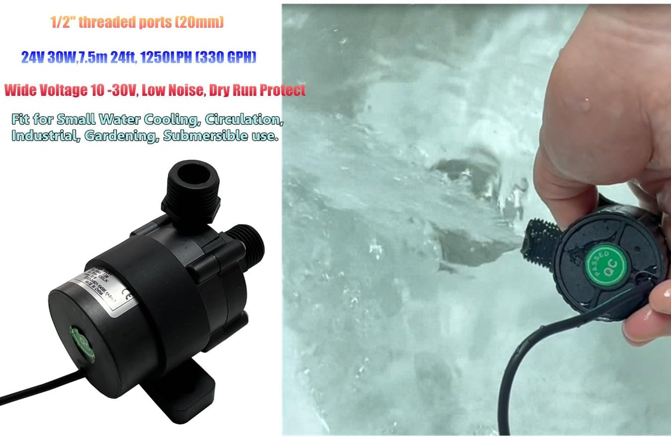 SHYSKY DC45E-2475S Micro Brushless DC Water Pump 24V 30W, 1250LPH 7.5M, Waterproof, 1/2 Inch Threaded Ports, Low Noise, for Small Water Cooling,Circulation,Gardening,Submersible image number 5