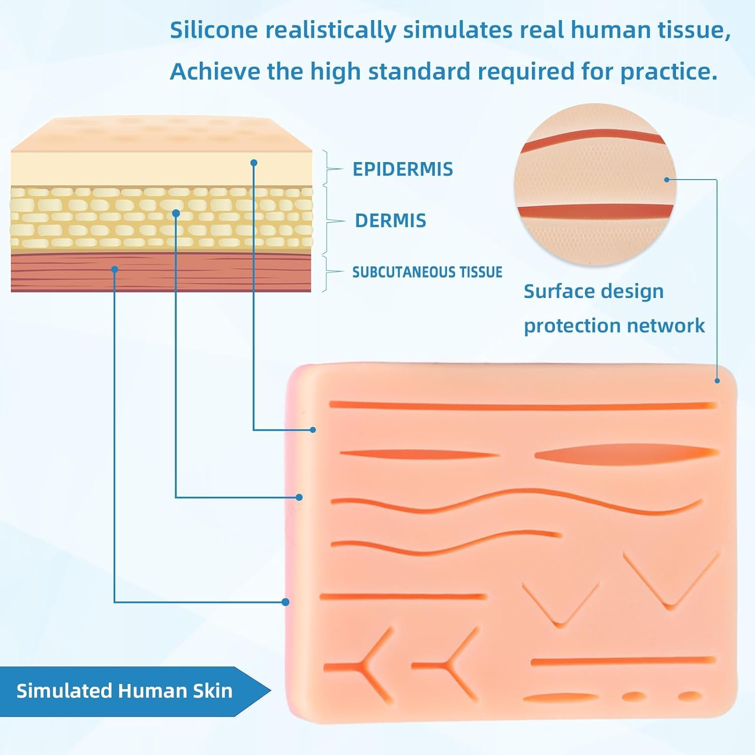 Practice Suture Pad, Realistic Three Layer Silicone Skin Kit with 14 Pre-Cut Wounds for Medical and Veterinary Students Training image number 3