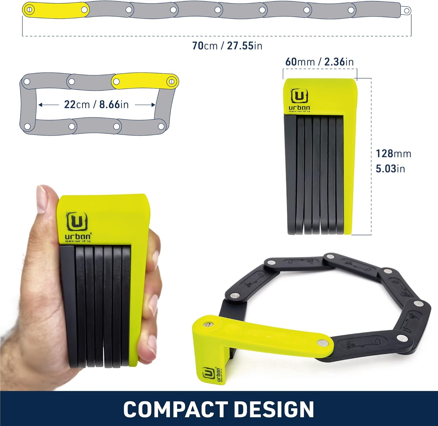 URBAN UR469Y Folding Bike Lock, Visible, 70Cm/27.5In More Compact More Easier Transport Noiseless, Anti-Scratch, Heavy Duty anti Theft Locks with Key, Polyvalent for Bicycle, Electric Scooter or Ebike image number 1