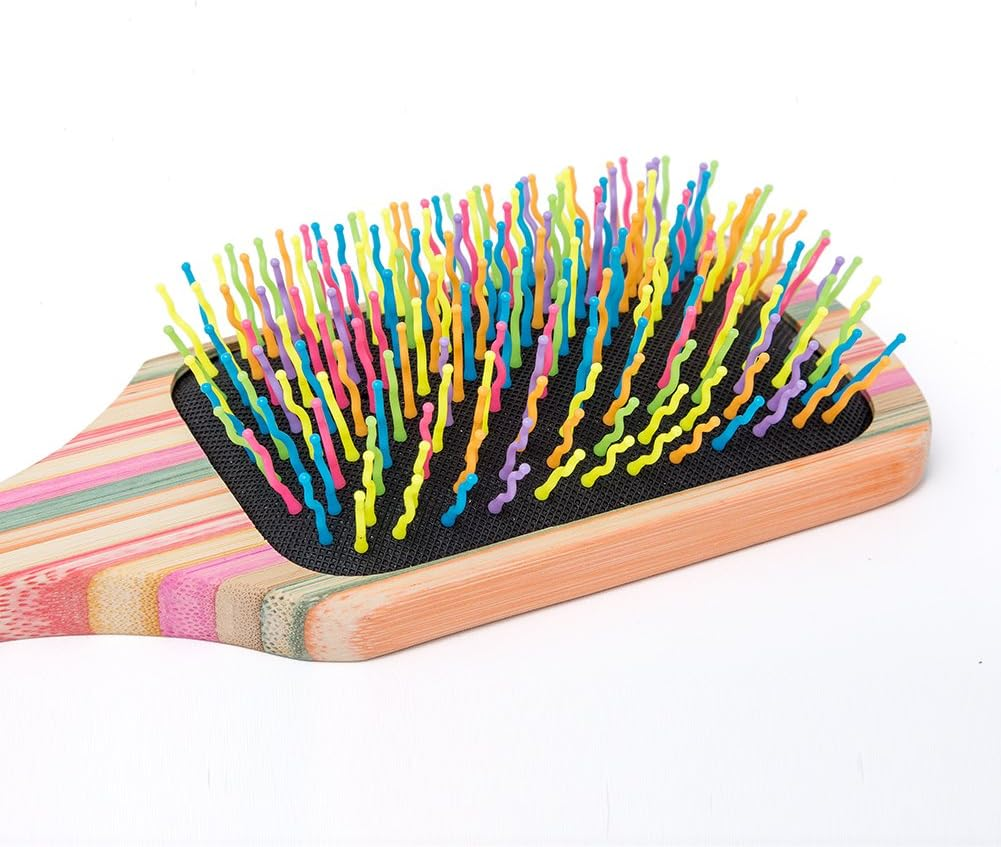 WINSUN Natural Bamboo Hair Brush, Natural Rainbow Bamboo Paddle Hair Brush with Colorful Nylon Pins, Good Massage and anti Static Detangling Hair Brush for Woman, Girls and Kids, for All Hair Types.