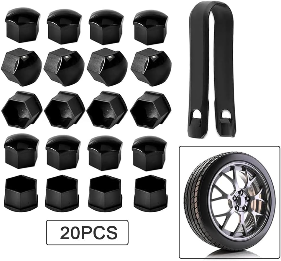 Qitindasen Pack of 20 17 Mm Car Wheel Nut Covers, Universal Tyre Nut Caps, Hexagonal Car Hub Screw Cover with Removal Tool (Black)