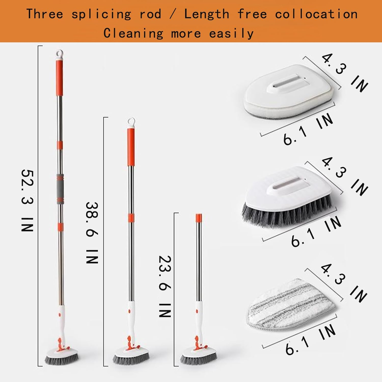 54Inch Adjustable Tub and Tile Scrubber, Scrub Cleaning Brush with Long Handle, with 1 Stiff Bristles,1Microfiber Pad and 2 Sponge Brush, for Cleaning Bathroom Shower Bathtub Glass Tile Floor image number 4